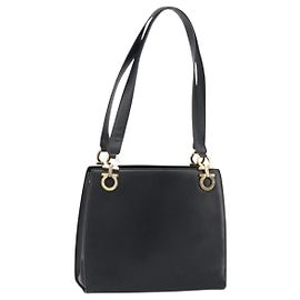 Borsa a Spalla Gancini in Pelle Nera e Oro Salvatore Ferragamo Auth 160687