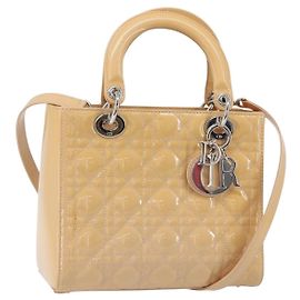 Christian Dior Borsa Lady Dior Canage in pelle verniciata 2 in 1 Beige Argento Auth ka1144
