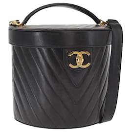 CHANEL V Stitch Vanity Borsa a Mano in Pelle di Agnello 2in1 Nero Oro CC Auth 158944SAV