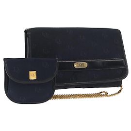 Borsa a spalla con catena Christian Dior in nylon blu navy oro Auth 148541