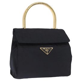 PRADA Borsa a mano in nylon blu navy oro Auth 160865