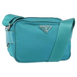 PRADA Schultertasche Nylon Türkisblau Silber Authentisch 157870