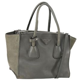 PRADA Borsa a Mano con Borchie in Pelle Scamosciata 2 in 1 Grigio Argento Auth BA8646