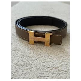 Hermès H Wende-Gürtel taupe/schwarz 85 cm goldene Schnalle
