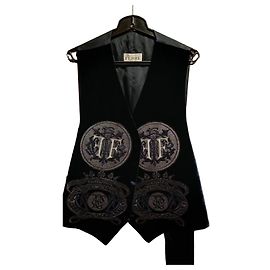 Gianfranco Ferré Weste aus blauem Samt mit Silbermonogramm XL