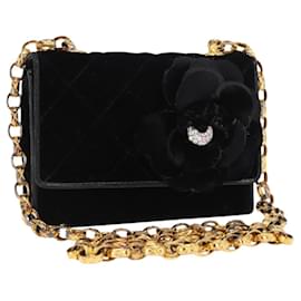 CHANEL Schultertasche Matelassé Kette Camelia Velours Schwarz Gold CC Auth 158865V