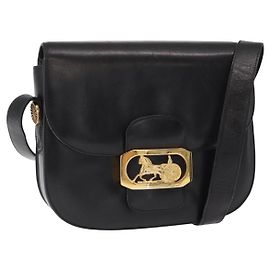 Borsa a spalla CÉLINE Carrozza in pelle nera e oro Auth gh1357