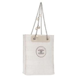 Borsa a Spalla con Catena CHANEL Nylon Bianco Argento CC Auth 159317SAM