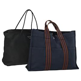 HERMES PRADA Borsa a mano in nylon canvas 2 pezzi Nero Marina Auth gh1454 - Hermès