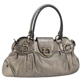 Borsa Tote Gancini in Pelle Marrone e Oro Auth 158376 di Salvatore Ferragamo