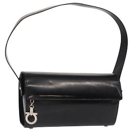 Borsa a Spalla Salvatore Ferragamo Gancini Smalto Nero Argento Auth 160684