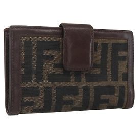 Portafoglio compatto in tela Zucca FENDI Nero Marrone Argento Auth 158172