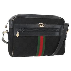 Bolsa de Ombro Gucci GG Canvas Web Sherry Line Preto Ouro Auth 158418