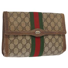 GUCCI GG Supreme Web Sherry Line Clutch Bag PVC Beige Oro 89 01 006 Auth BA9104