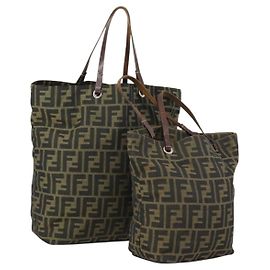 Borsa a mano in tela Zucca FENDI 2 pezzi Nero Marrone Auth ar13914