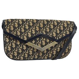 Borsa a Spalla in Tela Trotter Christian Dior Blu Navy Oro Auth 160820