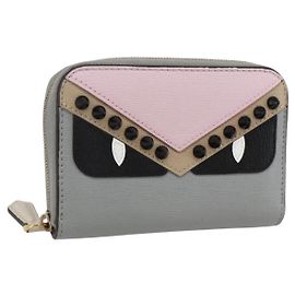 FENDI Münzbörse aus grauem Leder mit Gold Auth am10262V