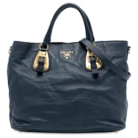 Borsa da shopping convertibile aperta in pelle di vitello morbida blu Prada
