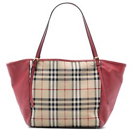 Tote Canterbury in tela rivestita e pelle di vitello con motivo Haymarket Check beige di Burberry, misura Small