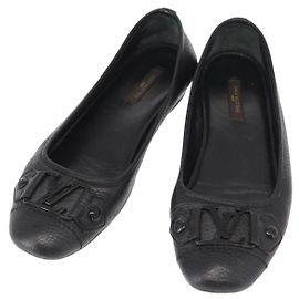 LOUIS VUITTON Flache Schuhe Leder Schwarz LV Auth ti3573