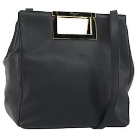 Gancini Handtasche aus Leder Salvatore Ferragamo 2 in 1 Schwarz Gold Auth 157683