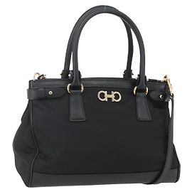 Borsa a mano Gancini in nylon e pelle Salvatore Ferragamo 2 in 1 Nero Oro Auth am10197V
