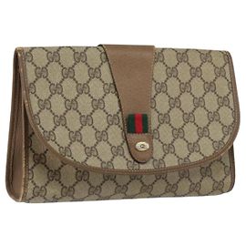 GUCCI GG Supreme Borsa Clutch Sherry Line PVC Beige Oro 89 01 030 Auth BA9141