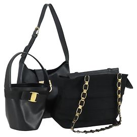 Borsa a mano in pelle Salvatore Ferragamo Gancini Vala 3 pezzi Nero Auth 157075