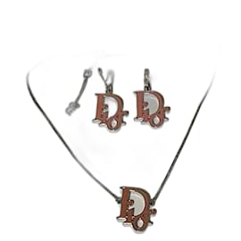 Parure Dior Collier et Boucles d'oreilles Logo Monogramme Rose Argenté