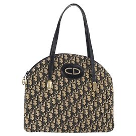 Borsa a mano in tela Trotter Christian Dior blu navy oro Auth 160843