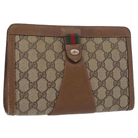 GUCCI GG Supreme Web Sherry Line Clutch Bag PVC Beige Rojo 89 01 032 Auth 157755