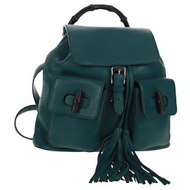 Mochila de couro Gucci Bamboo verde prata 370833 Auth 159026V