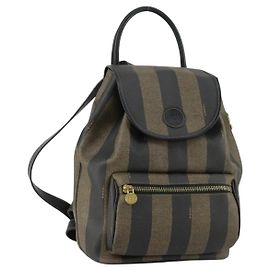 FENDI Pecan Canvas Rucksack PVC Braun Schwarz Gold Auth ka1008