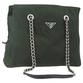 Borsa Tote a Catena PRADA in Nylon Khaki Argento Autentica am10142