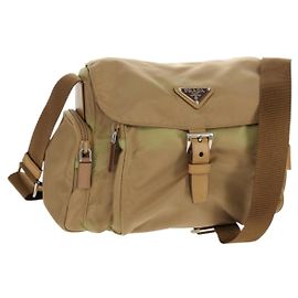 PRADA Schultertasche Nylon Khaki Silber Authentisch fm4987