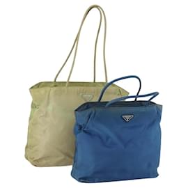 Borsa Tote PRADA Nylon 2 Set Blu Beige Auth 157189
