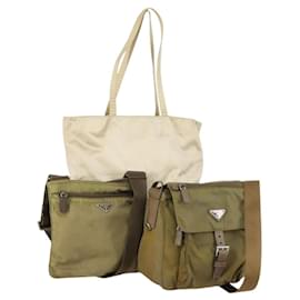 PRADA Borsa a Mano Nylon 3 Pezzi Verde Beige Auth 157831