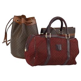 Céline Borsa a Spalla in Tela Macadam CELINE in Pelle PVC 3 Pezzi Rosso Marrone Auth fm4983
