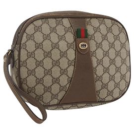 GUCCI GG Supreme Web Sherry Line Clutch Bag PVC Beige Oro 89 01 034 Auth 158515