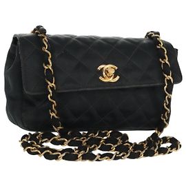 CHANEL Mini Matelassé 18 Borsa a Spalla con Catena Satin Nero Oro CC Auth 159010V