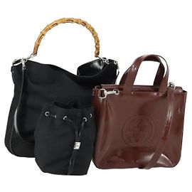 Gucci Borsa a Mano Pouch Nylon Smalto 3 Set Nero Marrone Auth ar13915