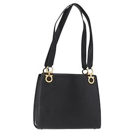 Borsa Tote Gancini in pelle nera e oro Salvatore Ferragamo Auth 157259