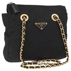 Bolso de Hombro con Cadena PRADA de Nylon Negro y Dorado Auth bs32069