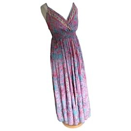 Autre Marque Seidenkleid Blau mit Gold und Rosa Print