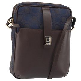 Borsa a Spalla Gancini in Nylon e Pelle Salvatore Ferragamo Blu Navy Oro Auth BA9388
