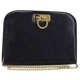 Borsa a Spalla in Pelle Gancini Chain di Salvatore Ferragamo Nero Oro Auth 158988