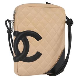 CHANEL Schultertasche Matelassé Cambon Linie Leder Beige Silber CC Auth BA9277V