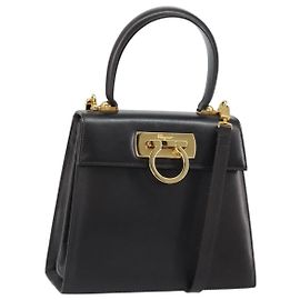 Borsa a mano in pelle Gancini Salvatore Ferragamo 2 in 1 Marrone Scuro Oro Auth yk20123