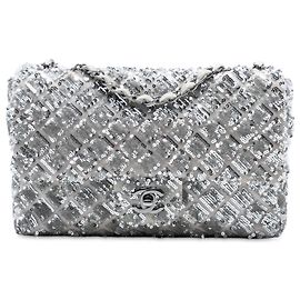 Chanel Argento Medio Classico in Satin e Paillettes Flap Singolo