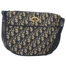 Christian Dior Trotter Canvas Schultertasche Navy Gold Auth BA9247